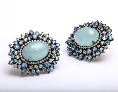 Cabochon Oval Aquamarine BlueTopaz white Diamond silver stud earrings