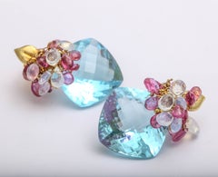 Blue Topaz Opal Pink Topaz Gold Leaf Earrings