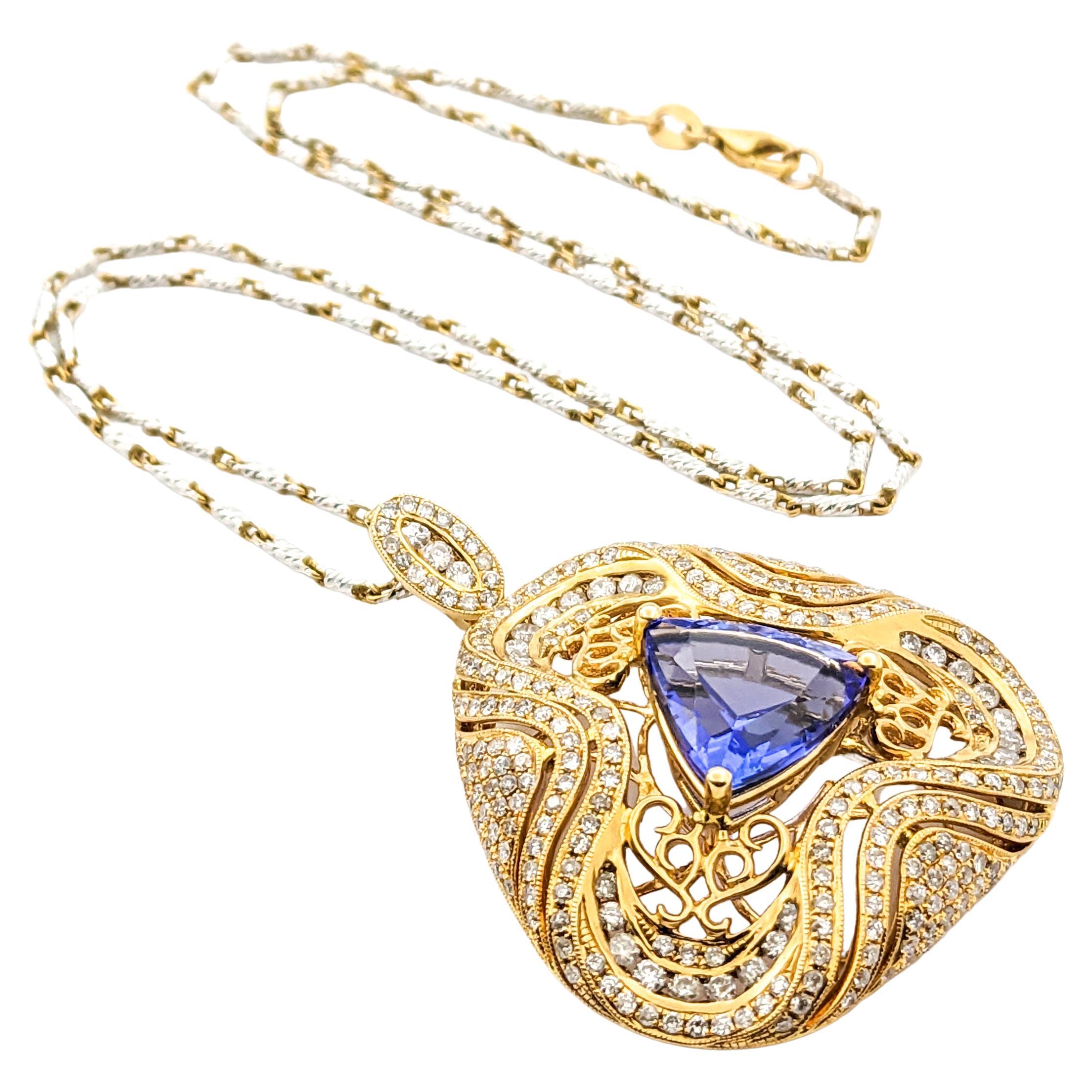 3.87ct Trillion Tanzanite & 2.24ctw Diamond Pendant Necklace In Two-Tone Gold For Sale