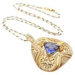 Vintage 3.87ct Trillion Tanzanite & 2.24ctw Diamond Pendant Necklace In Two-Tone Gold