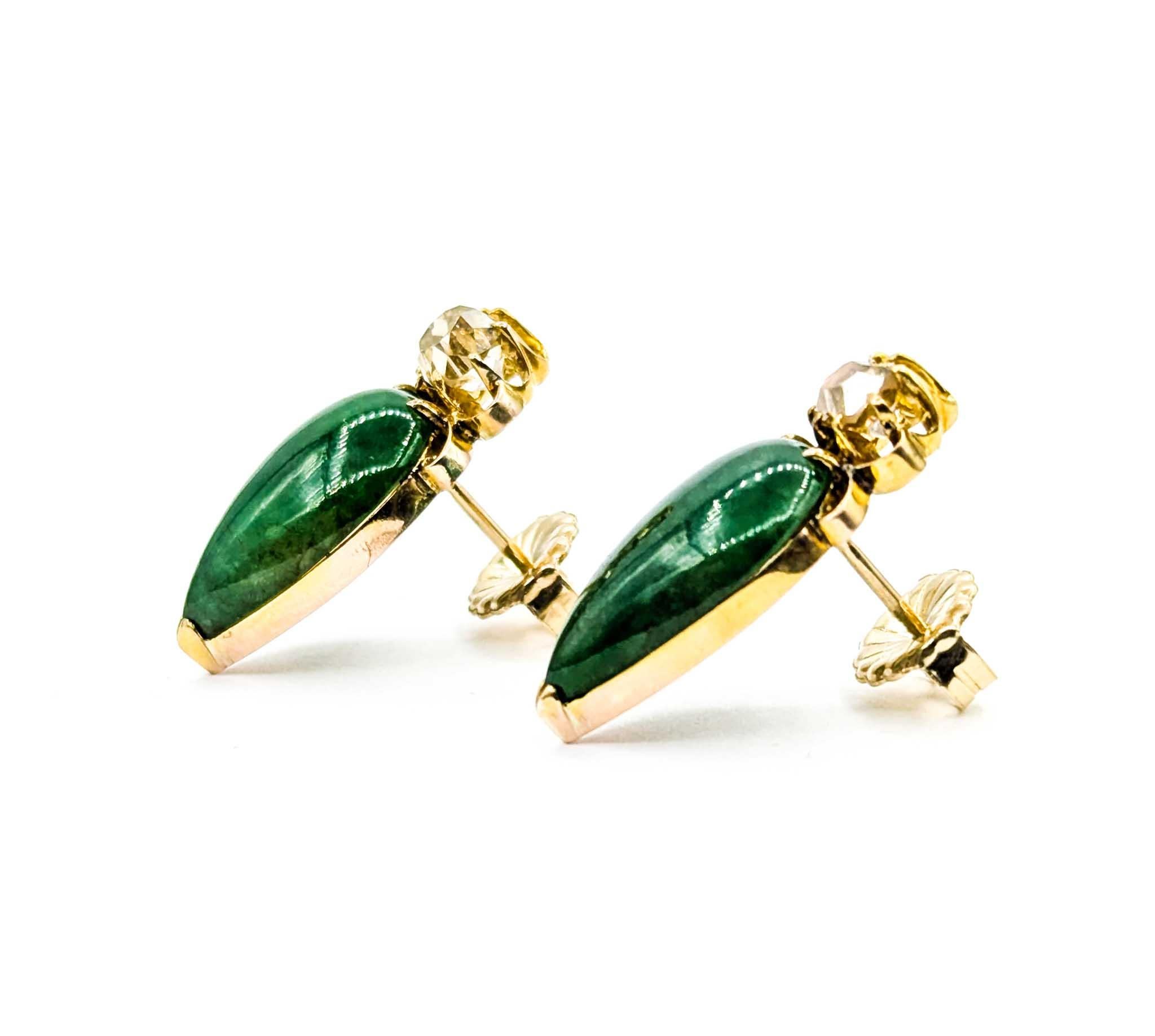 Taille vieille mine Boucles d'oreilles en or jaune 9k avec diamants et jade en vente