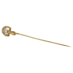 Victorian Wheat-Pattern Seed Pearl & Diamond Stick Pin in 14k Yellow Gold