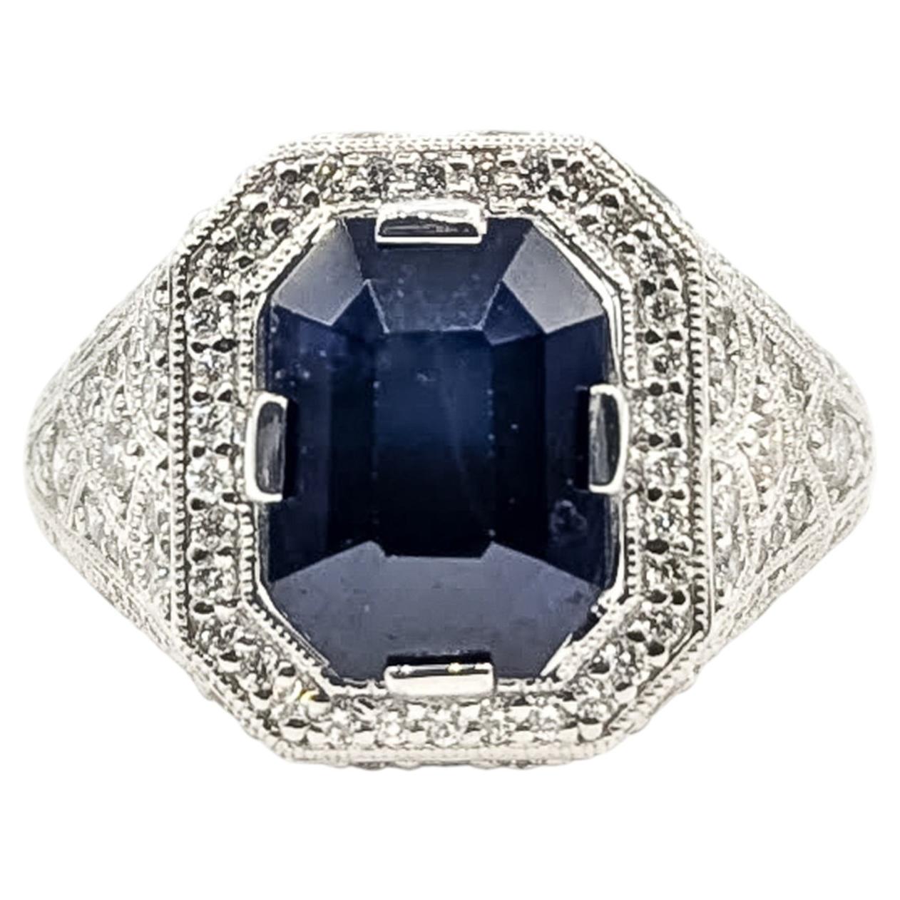 Ceylon Sapphire & Diamond Milgrain Ring in Platinum For Sale