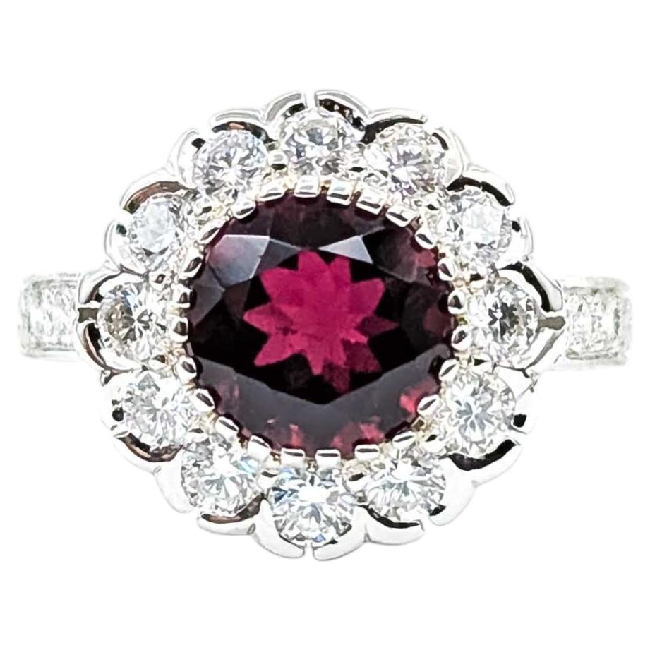 Rubellite Tourmaline & Diamond Halo Ring in 18k White Gold