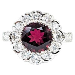 Rubellite Tourmaline & Diamond Halo Ring in 18k White Gold