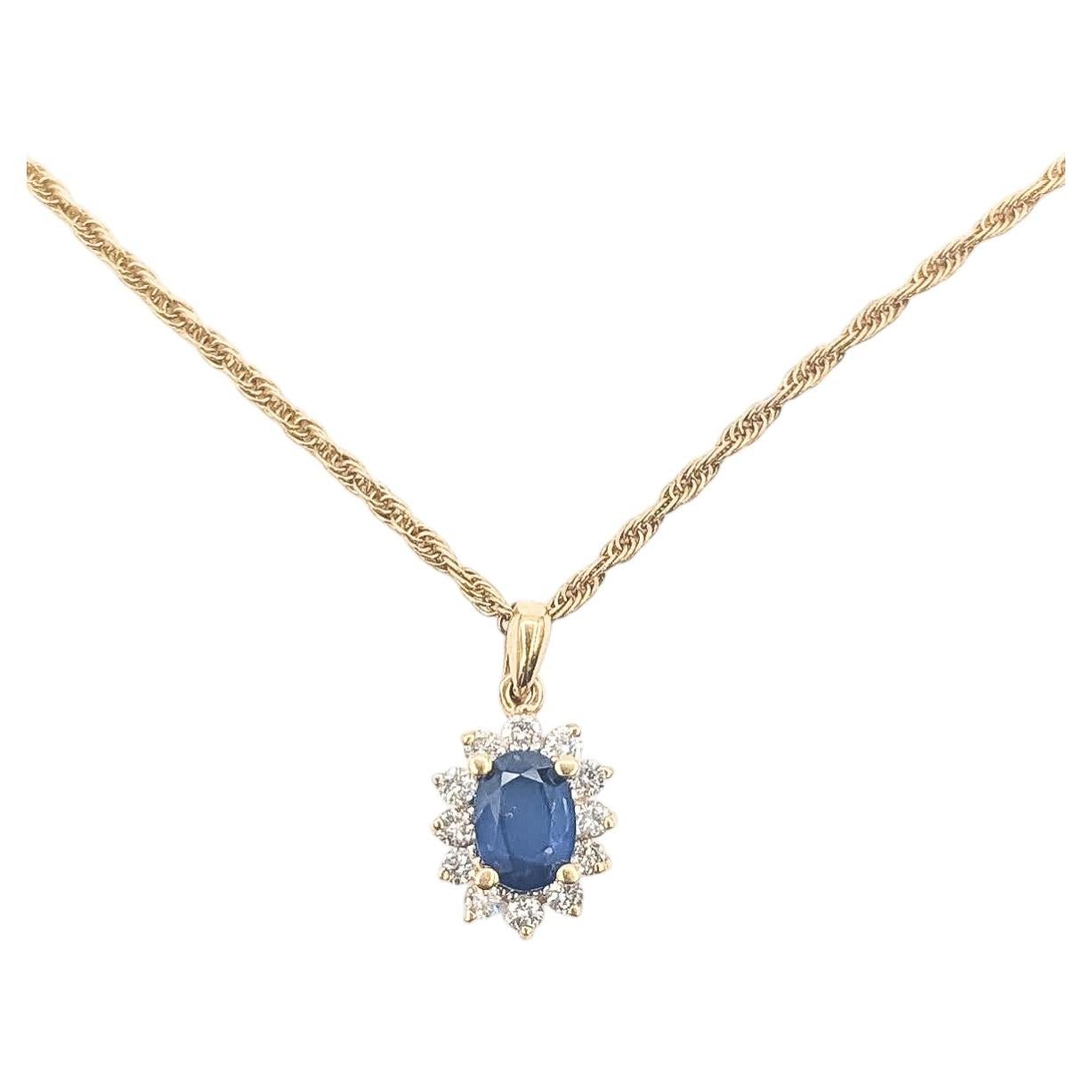 Blue Sapphire & Diamond Halo Pendant Necklace in 14k Yellow Gold GIA 2235986131