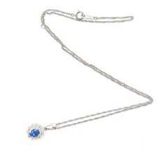 Cornflower Blue Sapphire and Diamond Halo Pendant Necklace in Platinum