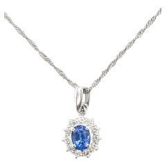 Cornflower Blue Sapphire and Diamond Halo Pendant Necklace in Platinum