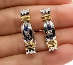 Two-Tone Sapphire & Diamond J-Hoop Earrings in 14k Gold