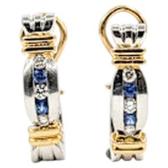 Two-Tone Sapphire & Diamond J-Hoop Earrings in 14k Gold