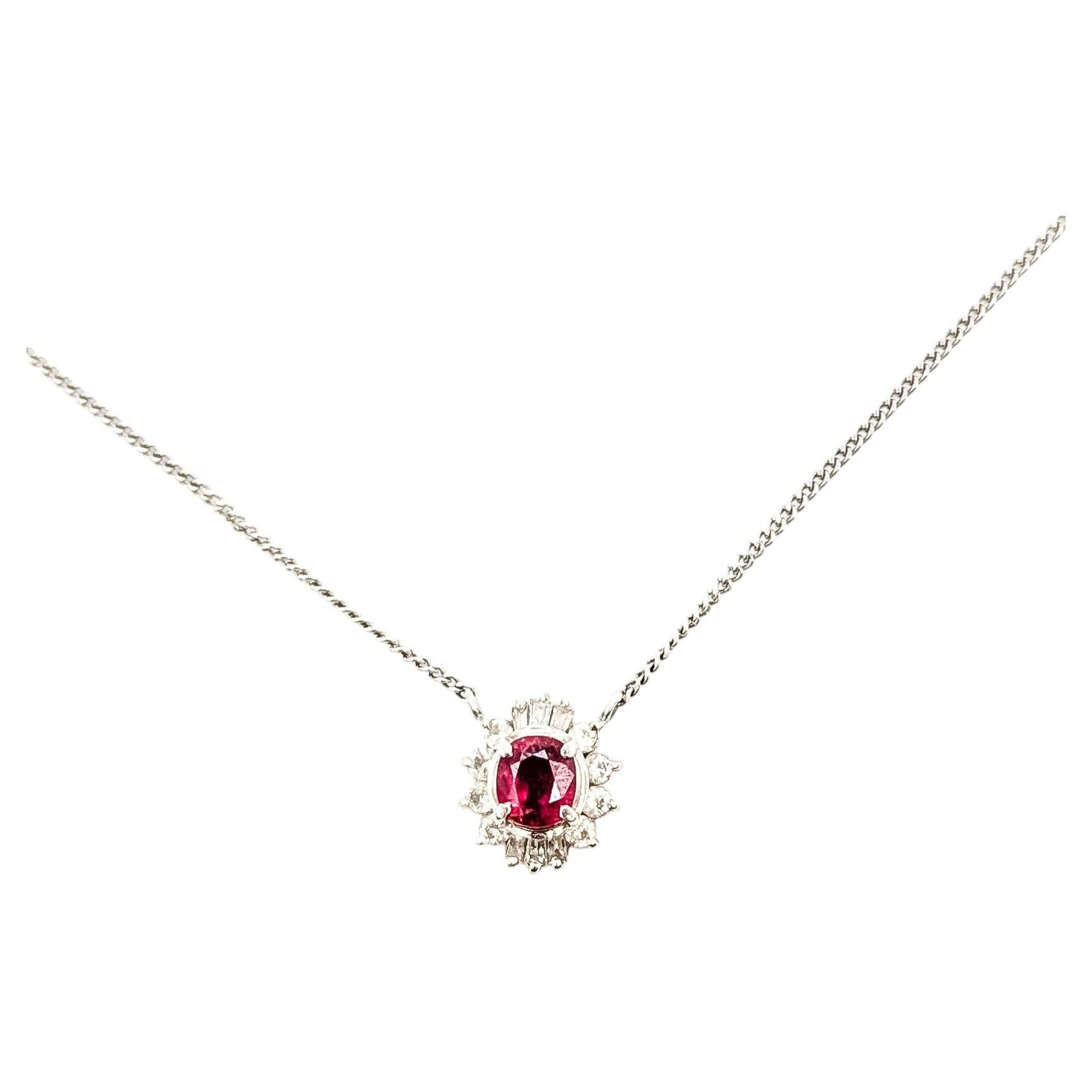Floral Ruby & Diamond Pendant Necklace in Platinum For Sale