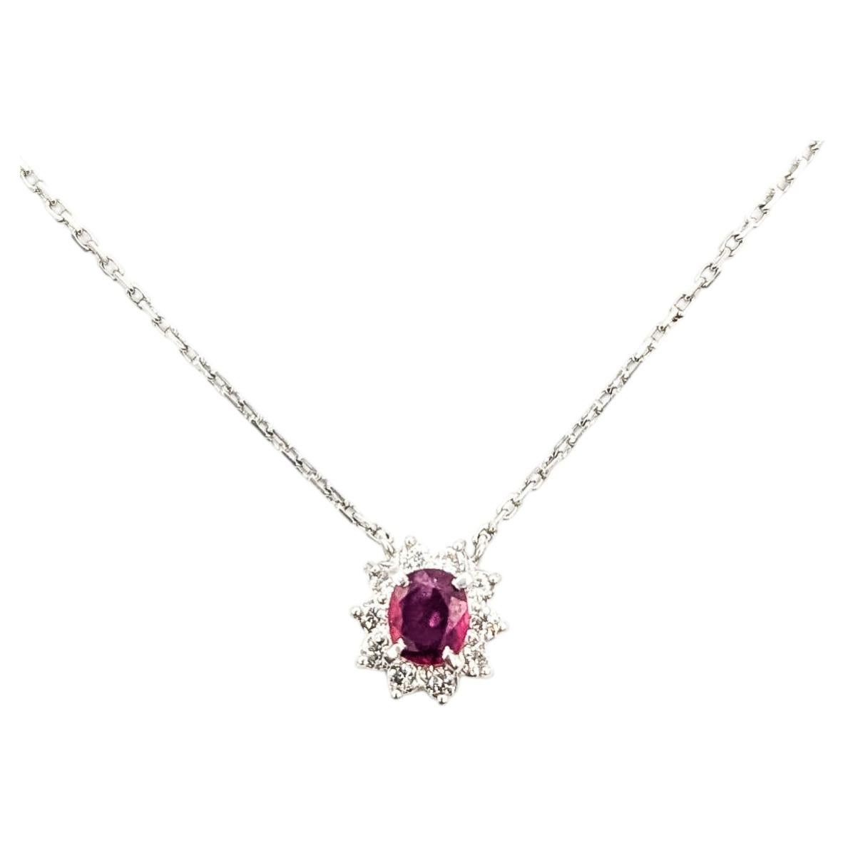 Ruby & Diamond Halo Necklace in Platinum For Sale