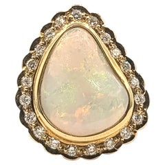 Vintage Pear-Shaped Opal and Diamond Cocktail Ring in 18k Yellow Gold