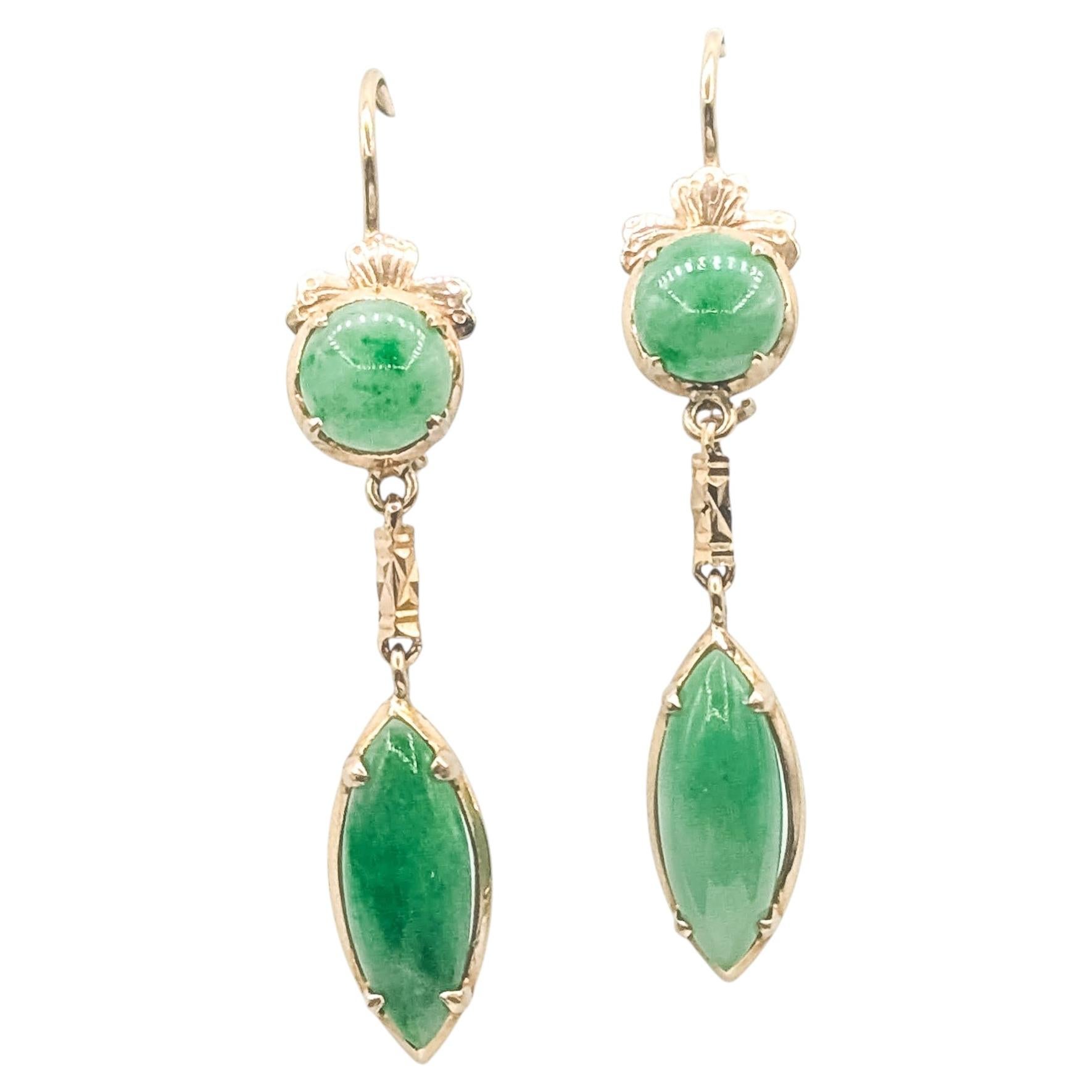 Jade Cabochon Dangle Earrings in 14k Yellow Gold
