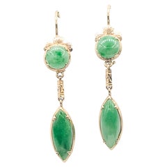 Jade Cabochon Dangle Earrings in 14k Yellow Gold