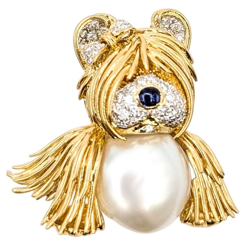 Pearl, Sapphire & Diamond Dog Brooch in 18k Yellow Gold For Sale