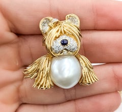 Pearl, Sapphire & Diamond Dog Brooch in 18k Yellow Gold