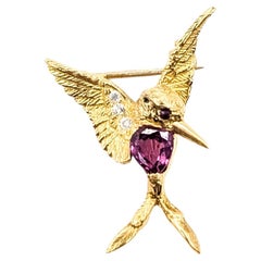 Mid-Century Ruby & Diamond Hummingbird Brooch in 18k Yellow Gold