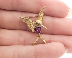 Mid-Century Ruby & Diamond Hummingbird Brooch in 18k Yellow Gold
