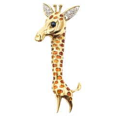 Mid-Century Sapphire & Diamond Giraffe Brooch in 18k Yellow Gold