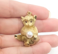 Whimsical Pearl & Ruby Bear Pendant in 18k Yellow Gold