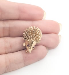Mid-Century Whimsical Ruby Porcupine Brooch in 14k Yellow Gold