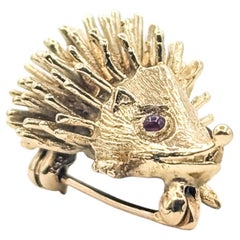 Mid-Century Whimsical Ruby Porcupine Brooch in 14k Yellow Gold