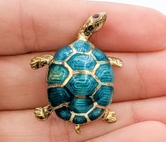 Whimsical Enamel Turtle Brooch with Gemstone Eyes in 14k Yellow Gold