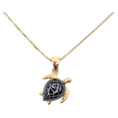 Sea Turtle Black Onyx Pendant Necklace in 14k Yellow Gold