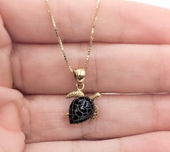 Sea Turtle Black Onyx Pendant Necklace in 14k Yellow Gold