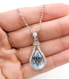 Teardrop Aquamarine & Diamond Pendant Necklace in 18k White Gold