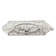 Antique Three-Stone Diamond Filigree Brooch in 14k White Gold- GIA 2235126960