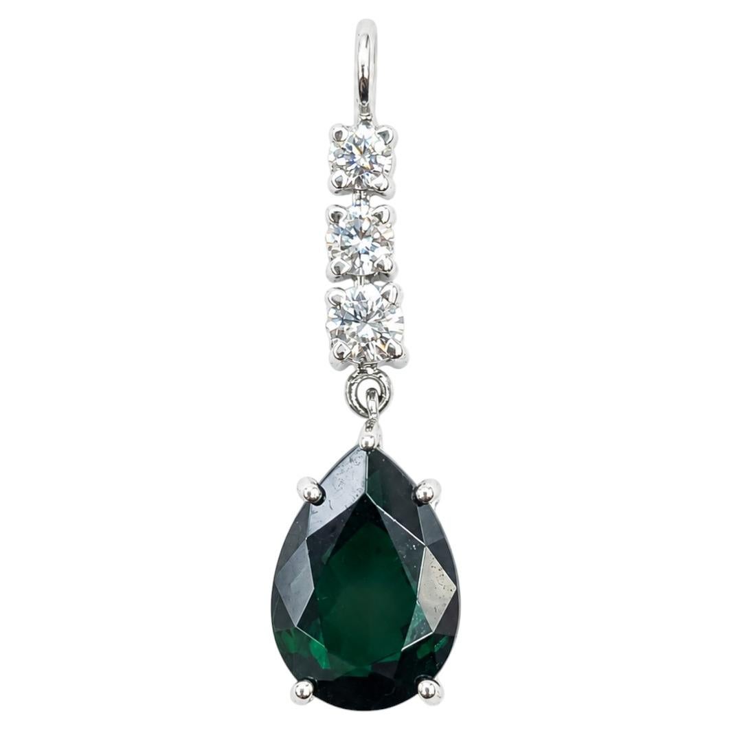 Pear-Shaped Green Tourmaline & Diamond Drop Pendant in 14k White Gold For Sale