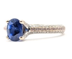 Royal Blue Sapphire & Pink and White Diamond Ring in 18k White Gold
