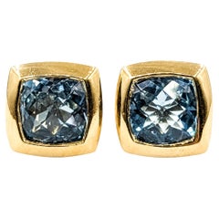 Cushion-Cut Blue Topaz Stud Earrings in 14k Yellow Gold