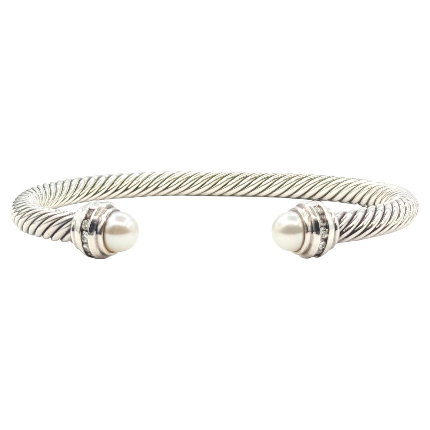 David Yurman Diamond & Pearl Cable Cuff Bracelet in Sterling Silver in vendita