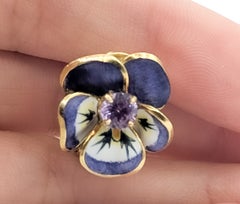 Vintage Enamel Pansy Spinel Earrings in 18k Yellow Gold