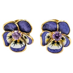 Vintage Enamel Pansy Spinel Earrings in 18k Yellow Gold