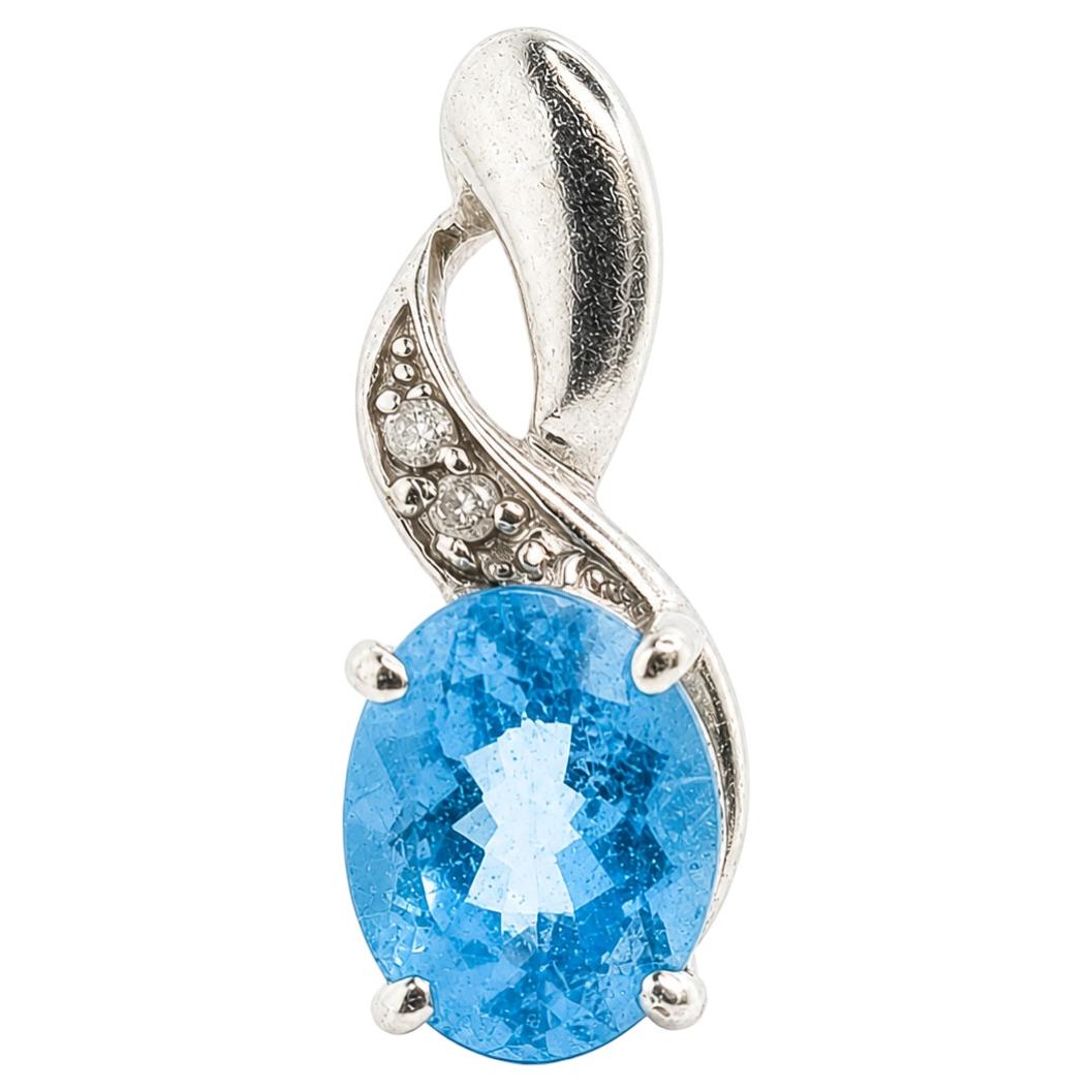 Blue Topaz & Diamond Twist Drop Pendant in 10k White Gold For Sale