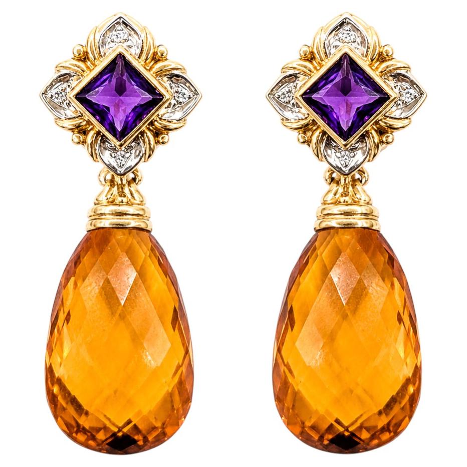 Boucles d'oreilles pendantes en citrine, améthyste et diamant, en or jaune 18 carats en vente