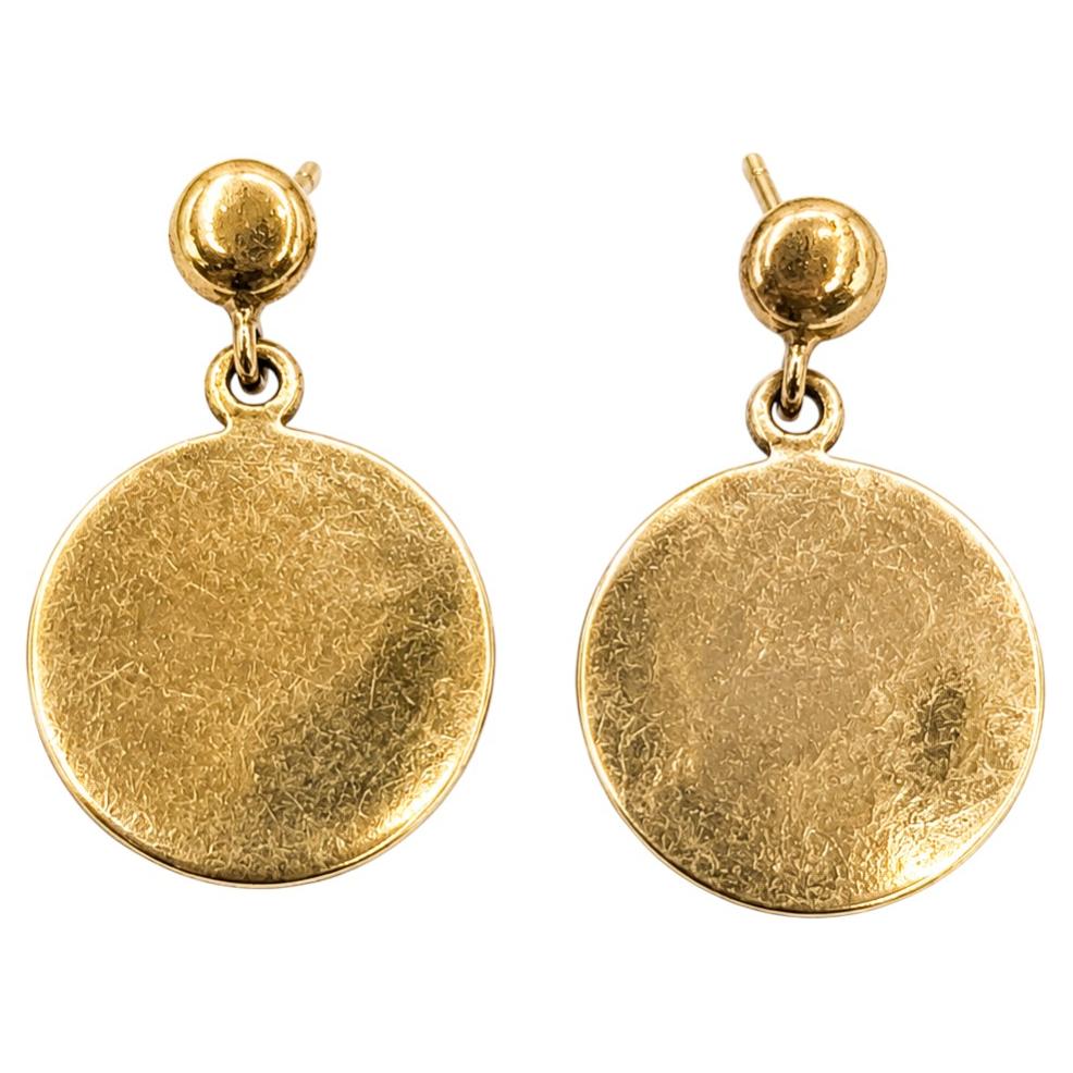 Round Disc Dangle Earrings in 14k Yellow Gold For Sale