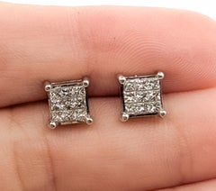 Princess-Cut Diamond Cluster Stud Earrings in 18k White Gold