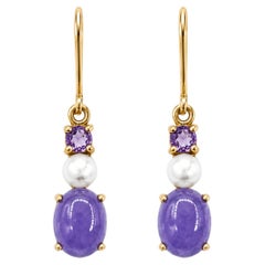 Lavender Jade, Pearl & Amethyst Dangle Earrings in 14k Yellow Gold