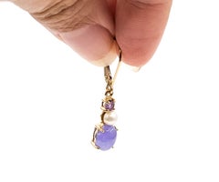 Lavender Jade, Pearl & Amethyst Dangle Earrings in 14k Yellow Gold