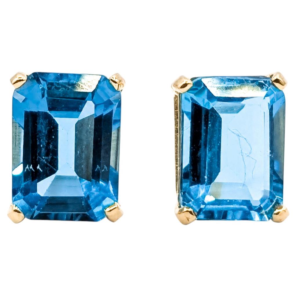 Blue Topaz Stud Earrings in 14k Yellow Gold For Sale