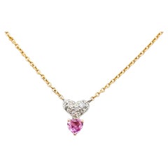 Collar Colgante Doble Corazón de Zafiro Rosa y Diamante en Oro Rosa de 18k