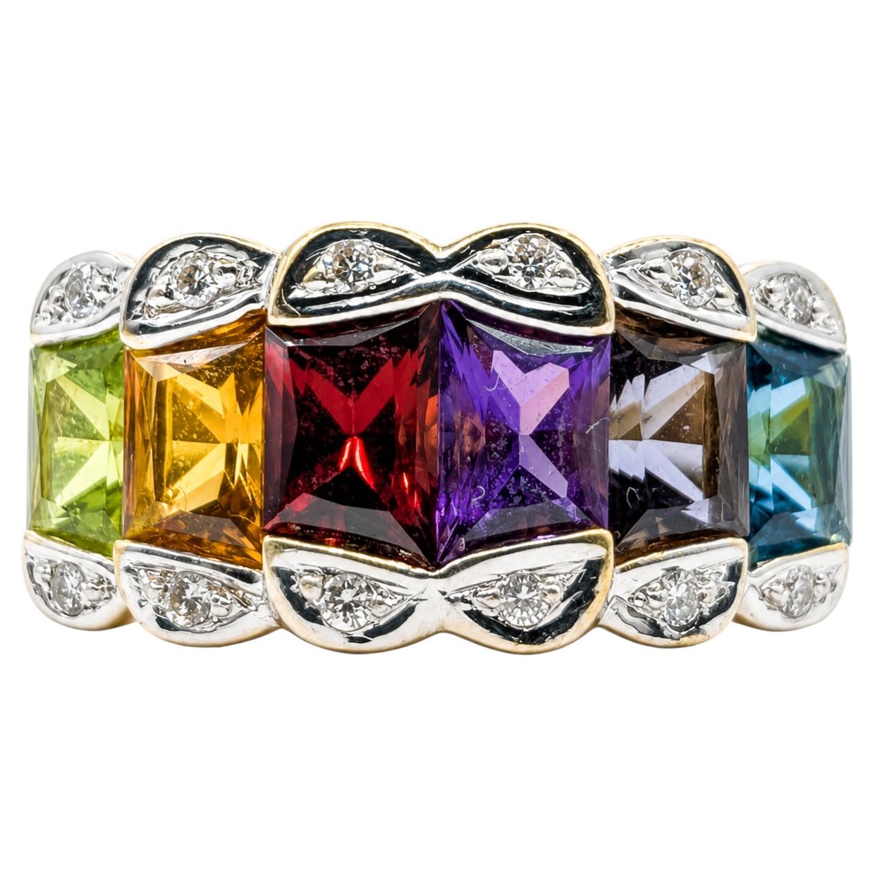 Architectural Multi-Gemstone and Diamond Ring in 18K Yellow Gold For Sale