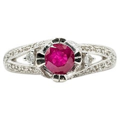 Ruby and Diamond Openwork Milgrain Ring in 14K White Gold