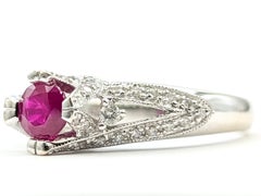 Ruby and Diamond Openwork Milgrain Ring in 14K White Gold