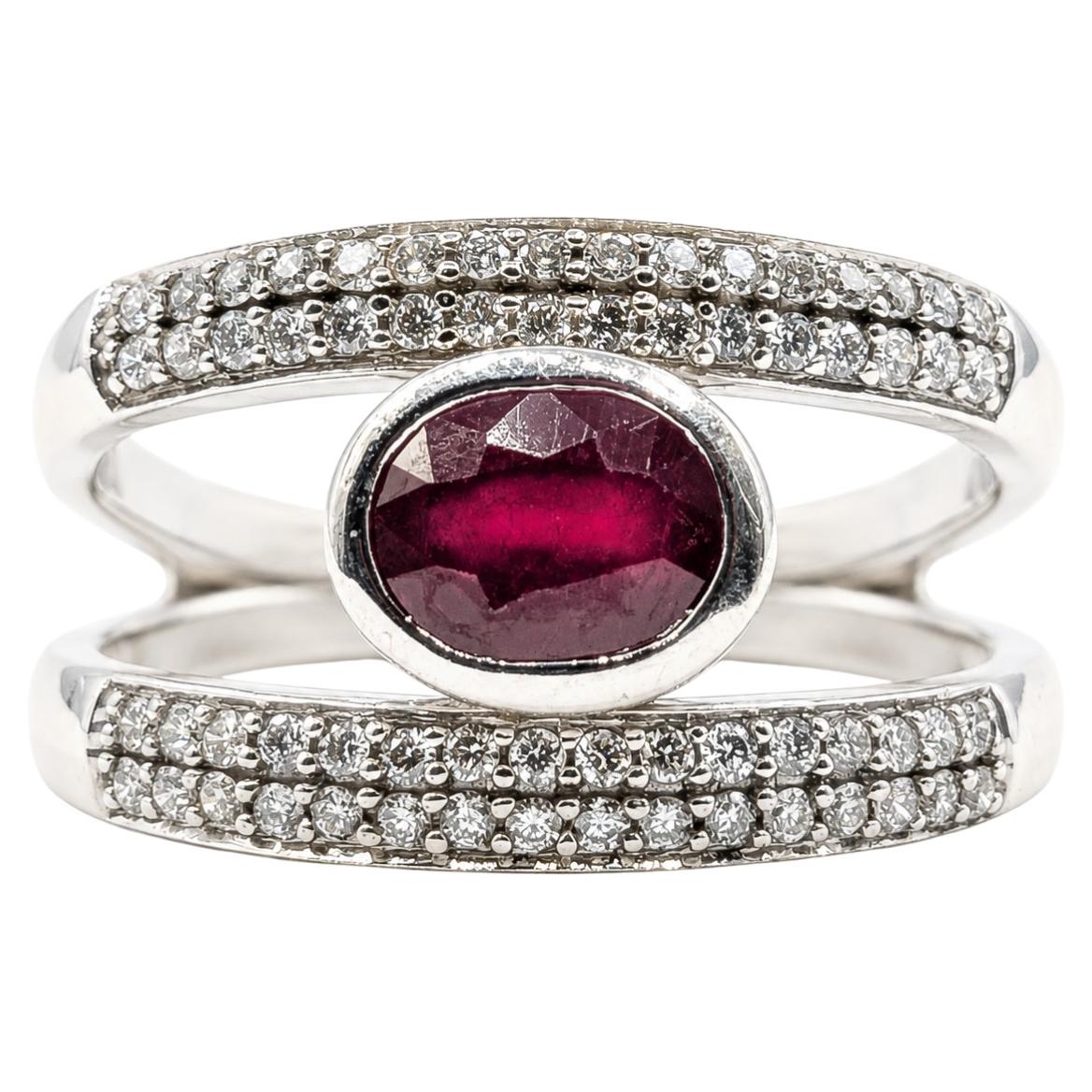 Ruby and Diamond Pavé Split Band Ring in 14K White Gold For Sale